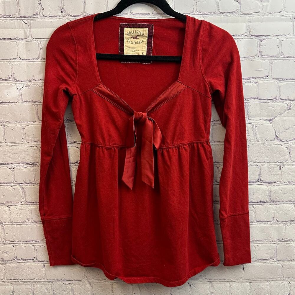 Hollister Easy Satin Tie-Front Knit Babydoll Long Sleeve Shirt Women's Small Y2K